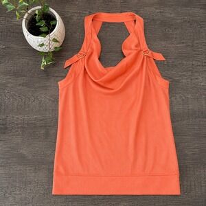 Bebe Y2K Orange Cowl Neck Halter Top Smocked Blouse Tank Small Vintage